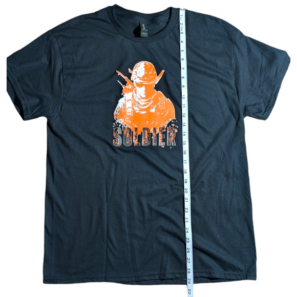 Soldier - Orange/White Graphic - Black Tee Shirt - Size L - All Genders - NWOT - Picture 2 of 7